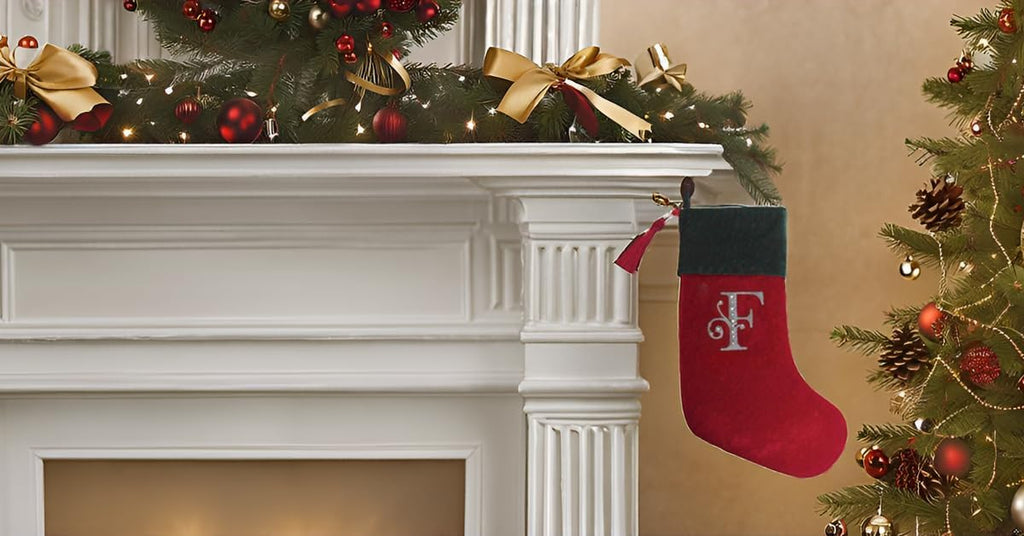 Christmas Stocking Red & Green Velvet with Tassel, Rhinestone Monogram (F)