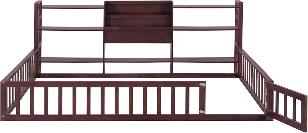 Montessori Floor Bed with Bookcase, Shelves and Fence