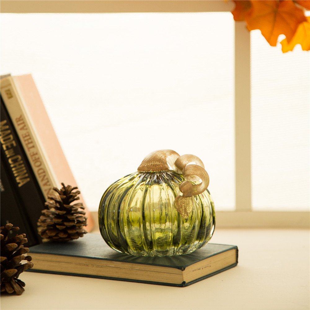 4.72 Inch Hand Blown Two-Tone Green Crackle Glass Pumpkin Table Accent for Fall Harvest Decoration