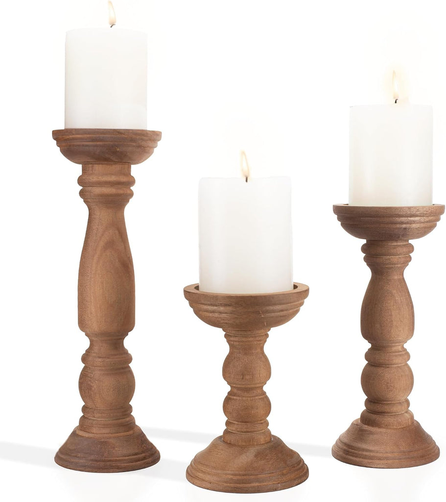 Farmhouse Wooden Candle Holders for Pillar Candles Set of 3, Rustic Wood Candle Holder Table Centerpiece Decor, 12''