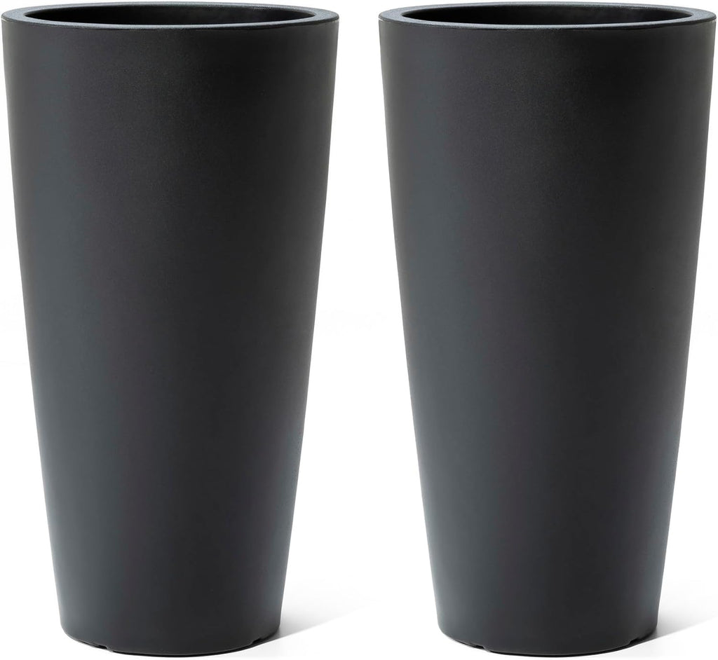 Tremont Tall Round Tapered Planter 2-Pack, 28 in Resin Planters, Self-Watering, Onyx Black
