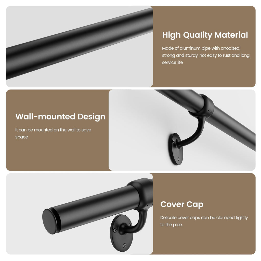 Stair Railing Indoor 8 Feet Hand Rails for Indoor/Outdoor Steps 1.5" Round Porch Railing Wall Mount Aluminum Hand