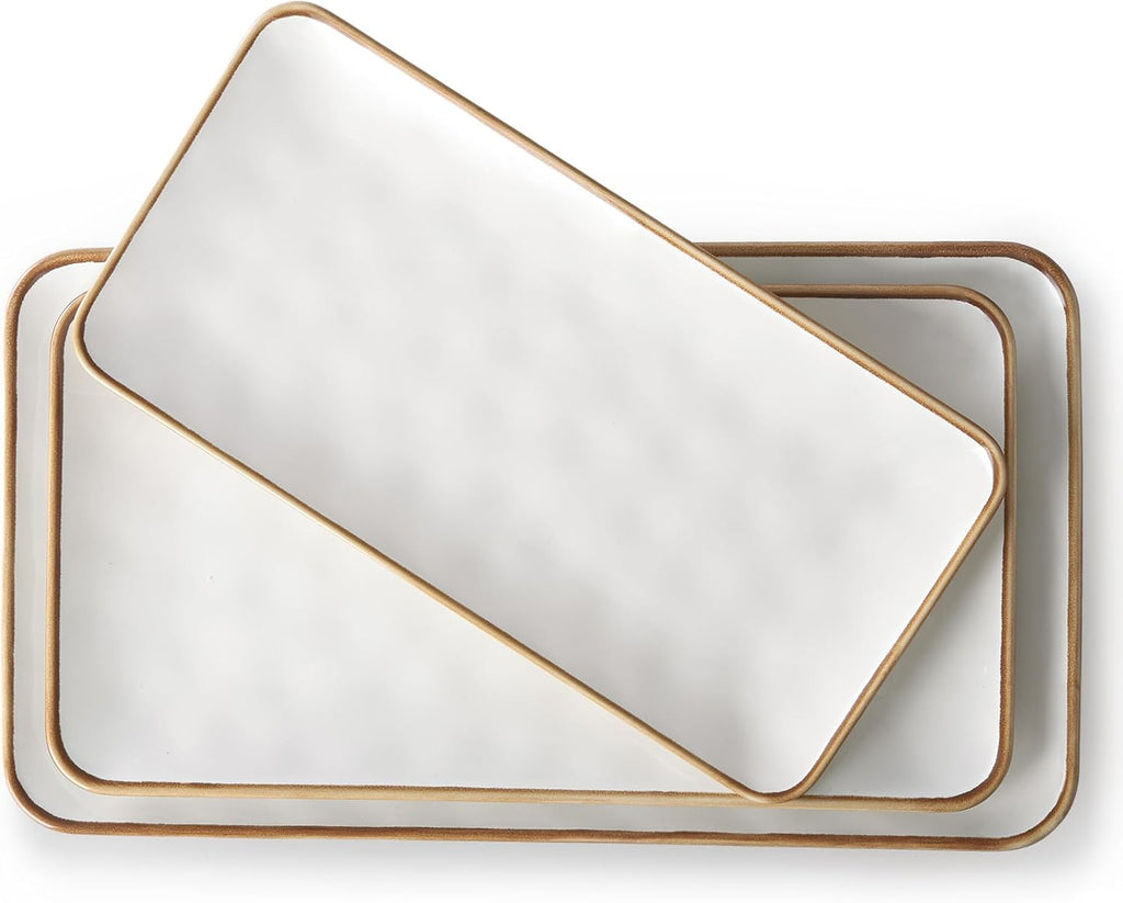 Ceramic Rectangle Serving Platter with Brown Rim: 15.6/14.1/12.6 Inch Large Serving Dishes for Entertaining Party