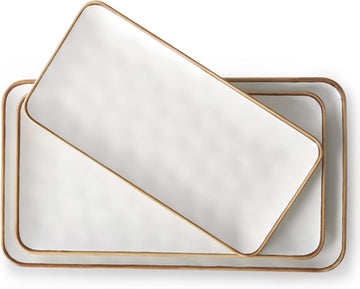 Ceramic Rectangle Serving Platter with Brown Rim: 15.6/14.1/12.6 Inch Large Serving Dishes for Entertaining Party