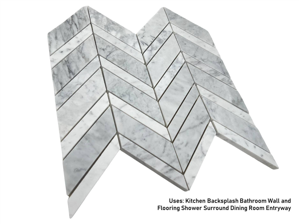 Carrara Premium Marble Chevron Mosaic Tile - Polished, 1 Sheet Backsplash, Bathroom Shower, Fireplace, Entryway