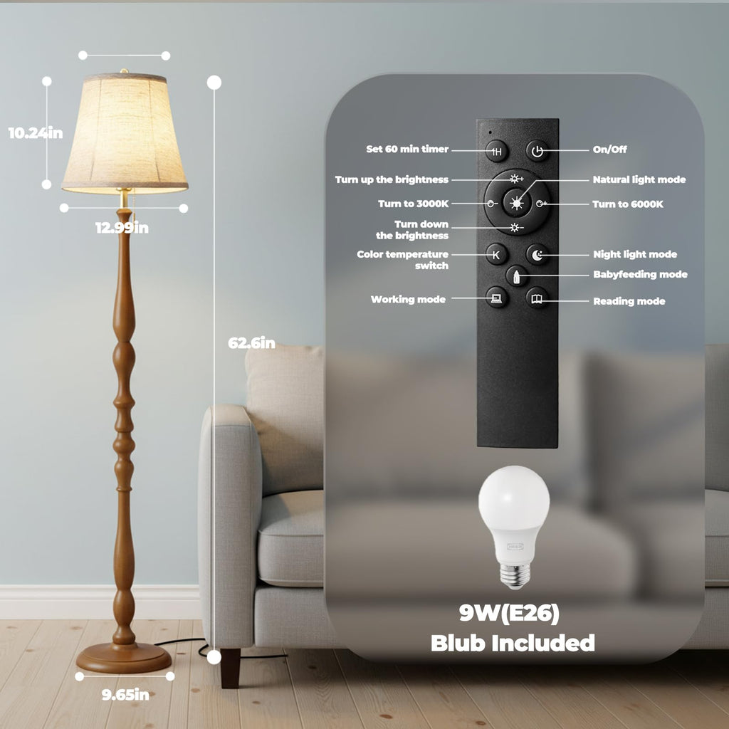 Wood Floor Lamp, Farmhouse Standing Lamp Remote