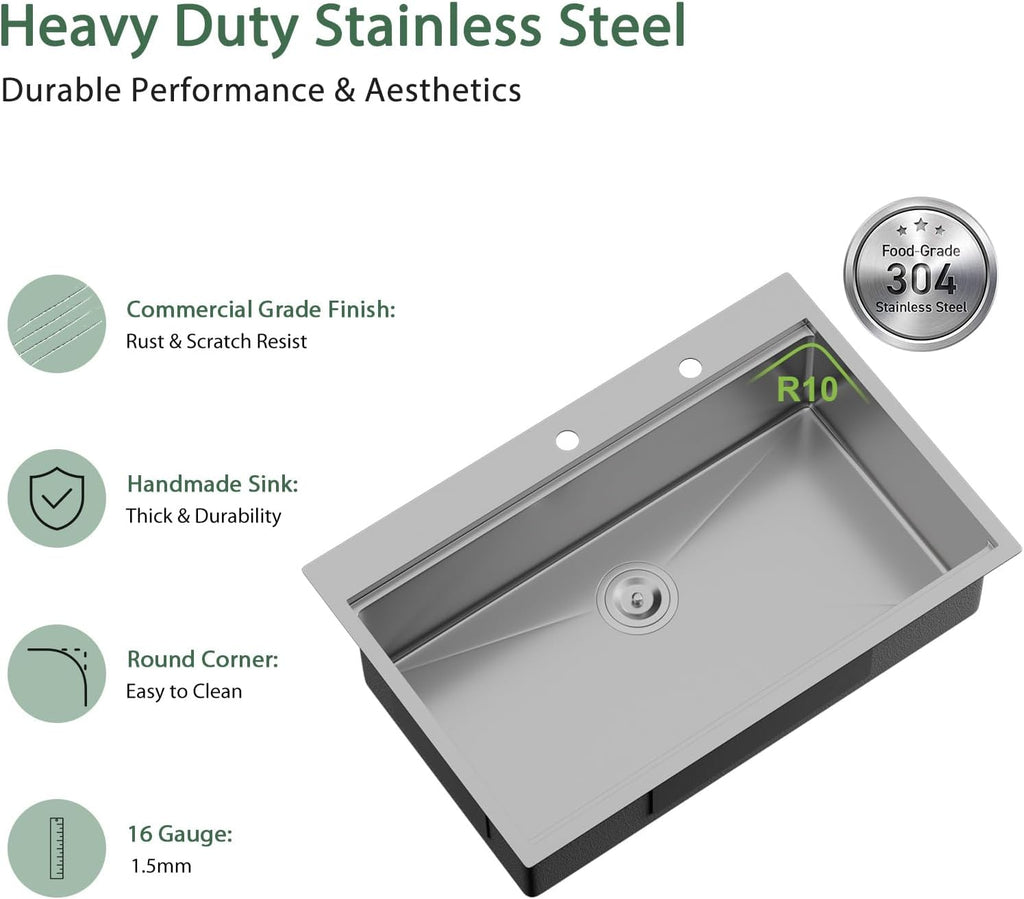 33x22 Drop In Workstation Kitchen Sink with Accessories | 16 Gauge Stainless Steel, Single Bowl, Round Corner