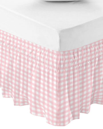 Pink Buffalo Plaid Bed Skirt 18 Inch Drop, Adjustable Elastic Bedskirt Dust Ruffle for Bed