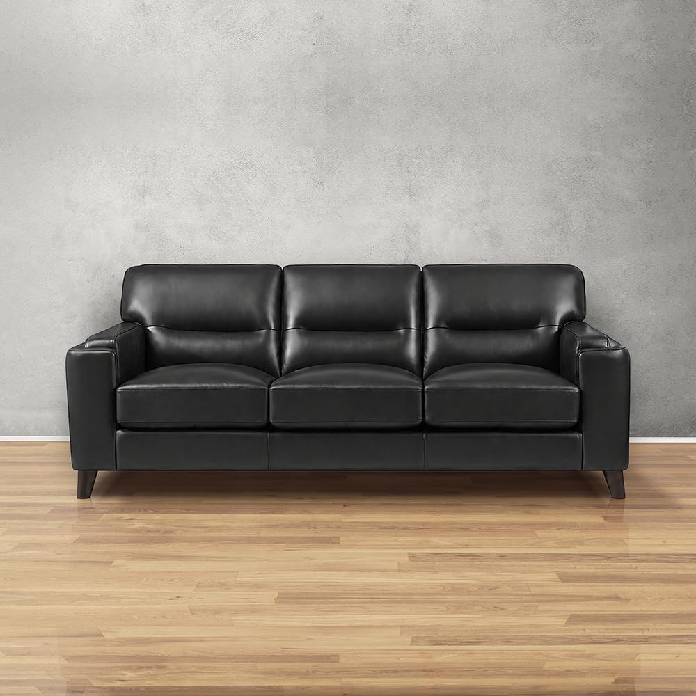 Elm Top Grain Leather Sofa and Chair Set, Black, Feather Down, Memory Foam and Springs Seating