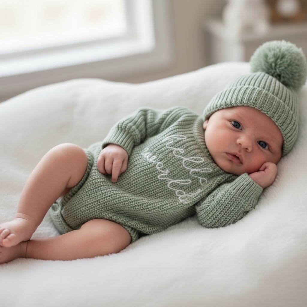 Knit Sweater and Beanie Hat Set, Pom Pom Detail, Long Sleve, Round Neck.