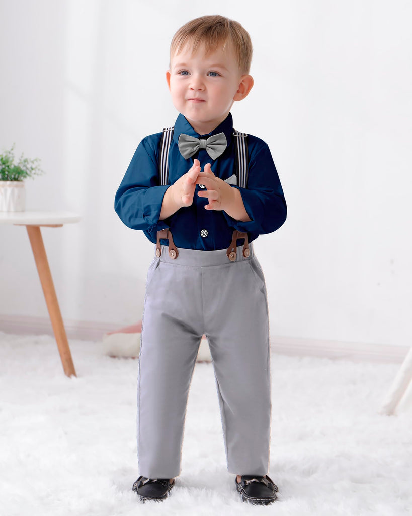 Boys Church Outfit Long Sleeve Dark Blue Grey Dress Shirt Bow Tie Suspender Pants Toddler Formal Outfit Boy