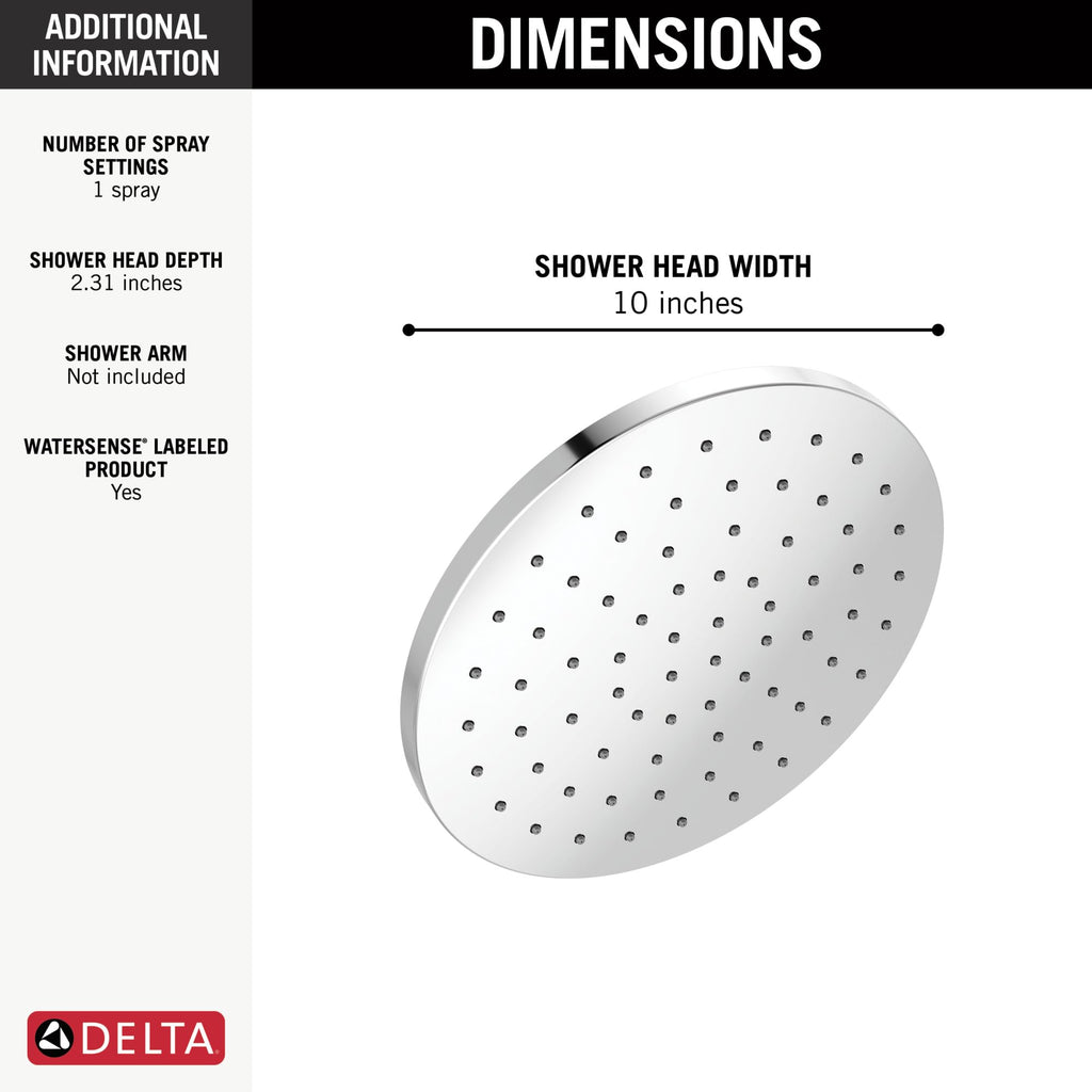 Chrome Rain Shower Head, 10 Inch Metal Large Shower Head Rainfall, Overhead Rain Showerhead, 1.75 GPM Flow Rate
