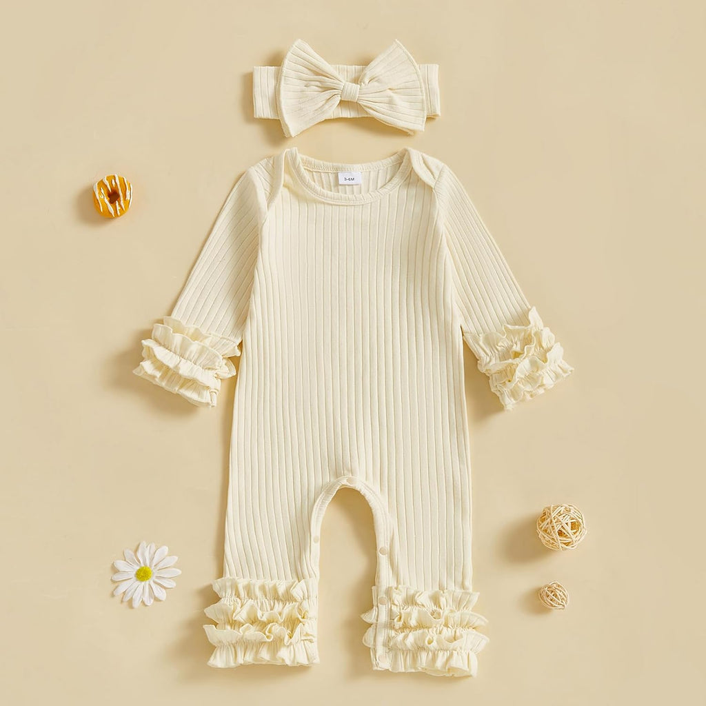 Newborn Girl Outfits Infant Baby Clothes Set Ribbed Knit Romper Headband Ruffle Long Sleeve Solid Bodysuit Jumpsuit