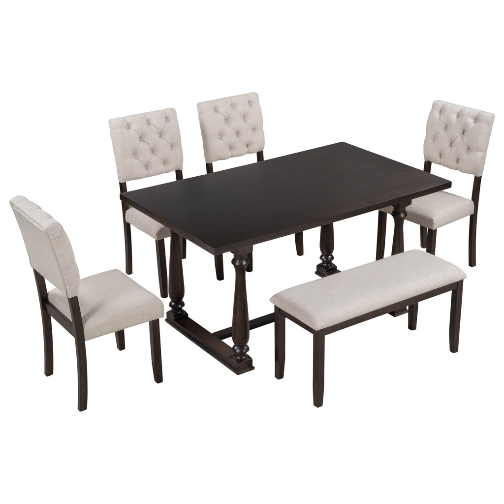 6-Piece Classic Dining Table Set with Special-Shaped Legs and Cushions Chairs, Modern Dining Table Set with Bench and