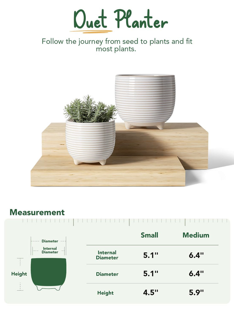 Ceramic Plant Pots, 5.1 + 6.4 Inch, Set of 2, Cloud White