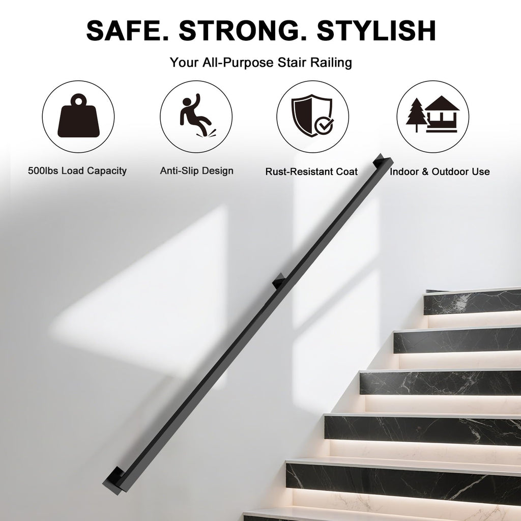 12FT Stair Railing Indoor, Black Metal Wall Mounted Handrail for Stairs, 500lbs Load Capacity Industrial Pipe Hand