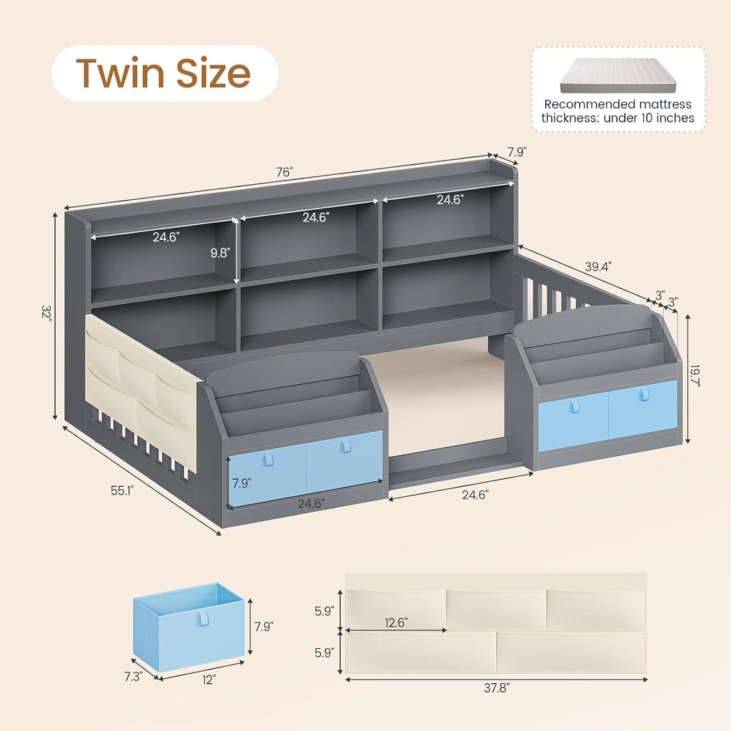 Floor Montessori Wooden Bed Frame for Toddlers, Grey