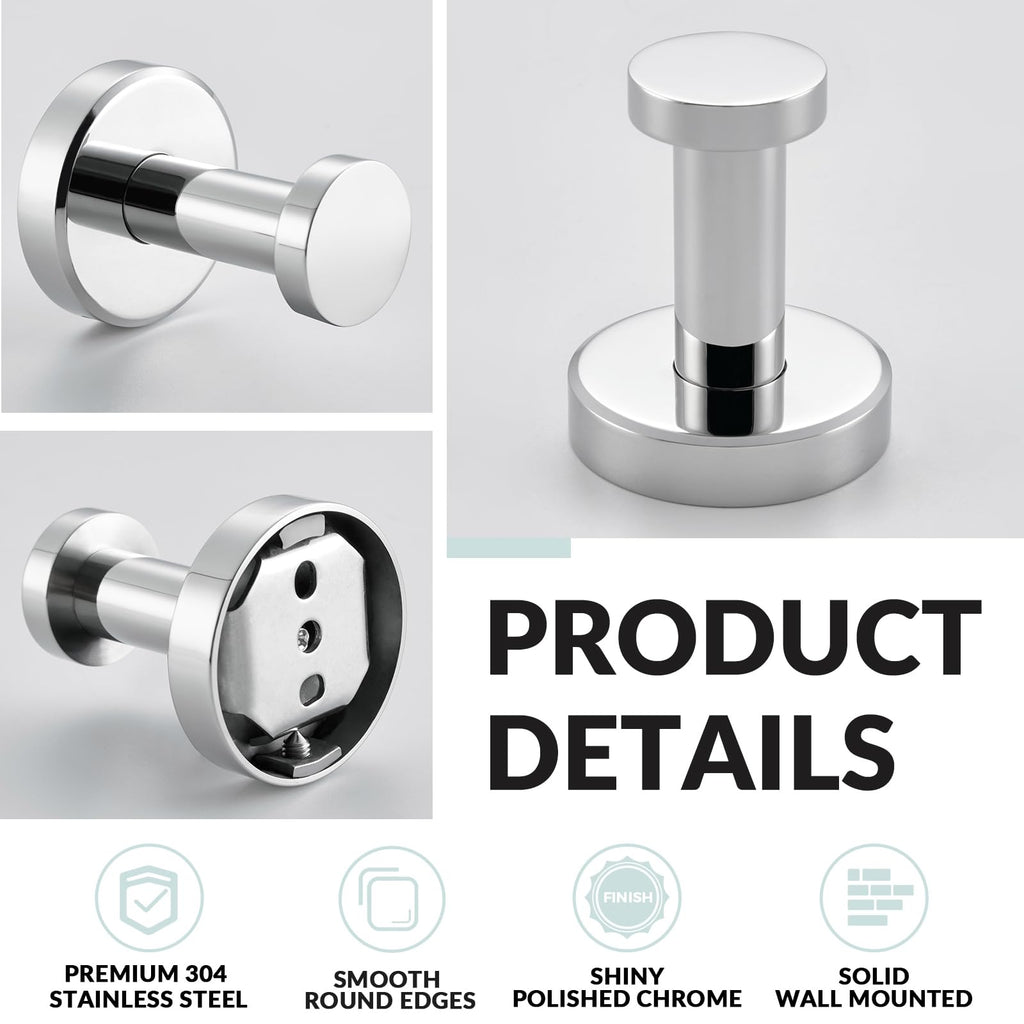 Polished Chrome Towel Hooks, 2 Pack, 304 Stainless Steel
