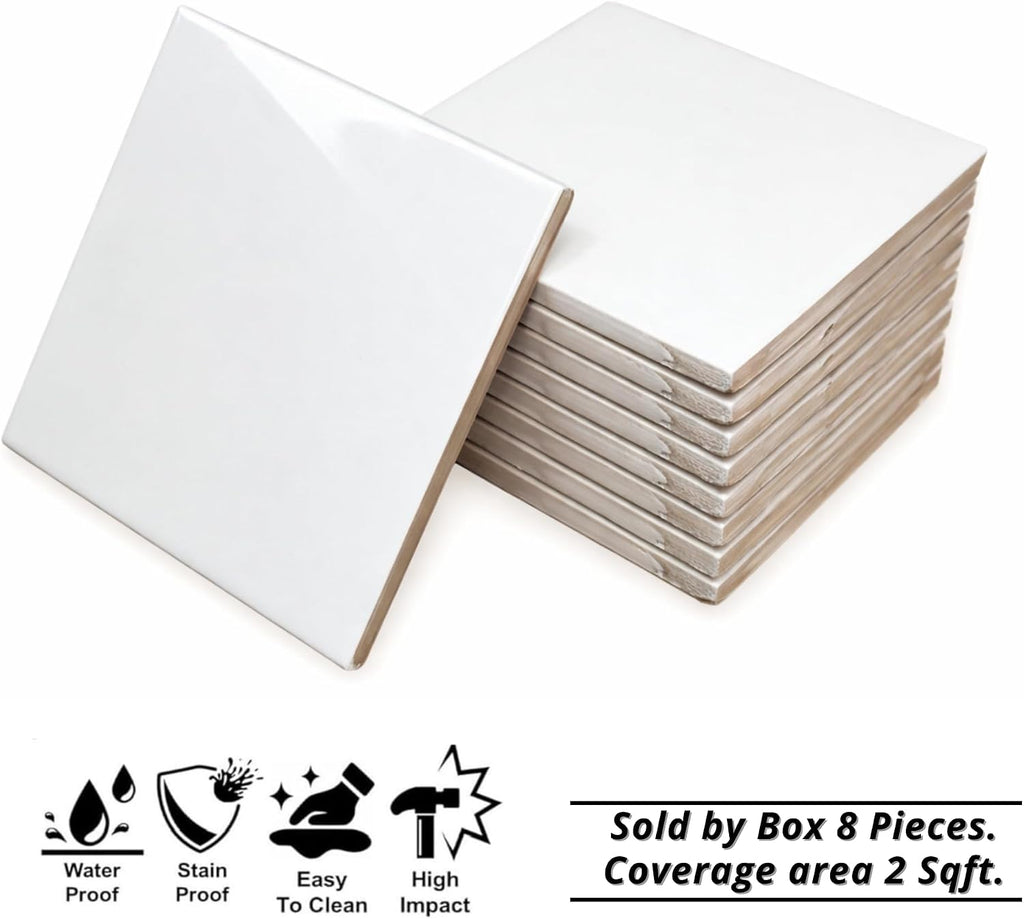 6x6 Glossy White Ceramic Wall Tile - Box of 8, Ideal Walls, Kitchen Backsplashes, Showers, and Laundry Rooms, Easy to
