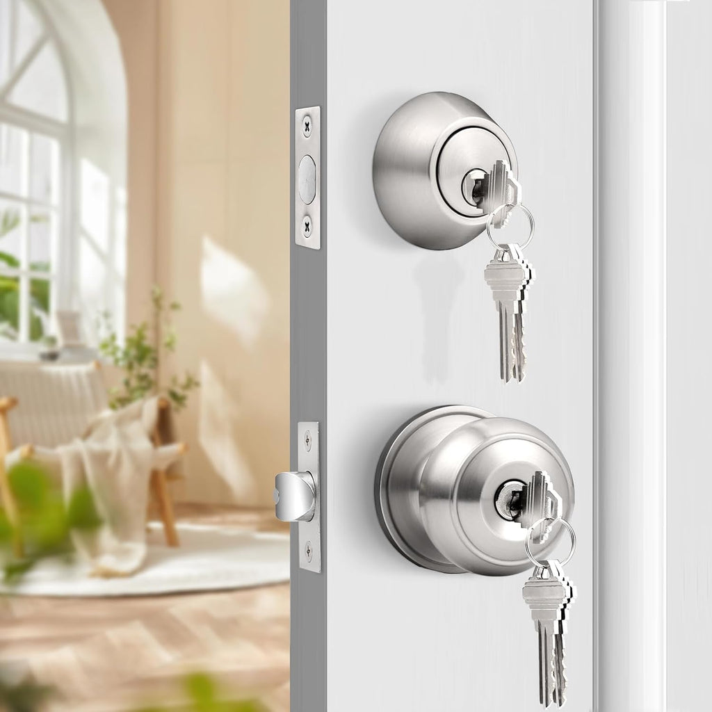 1 Pack Entry Door Knob Set with Single Cylinder Deadbolt Combo Set, Keyed Alike Brushed Nickel Door Knobs with Lock