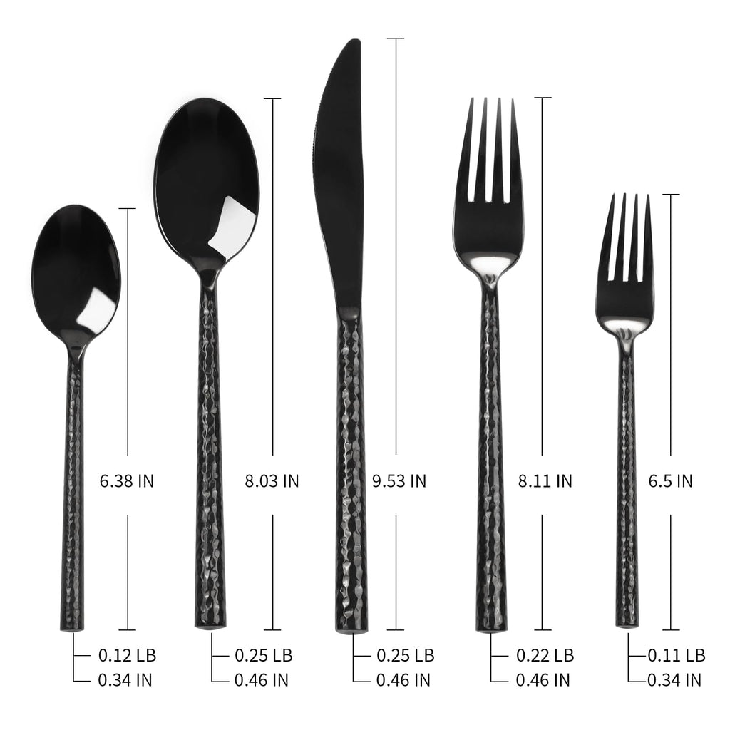 Black Silverware Set Round Hammered Handle 20 Pieces Service for 4