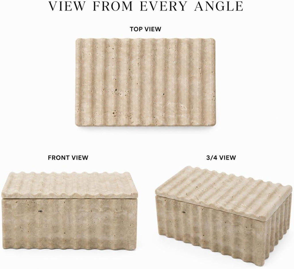 Travertine Storage Box with Lid, Wave Stone Organizer