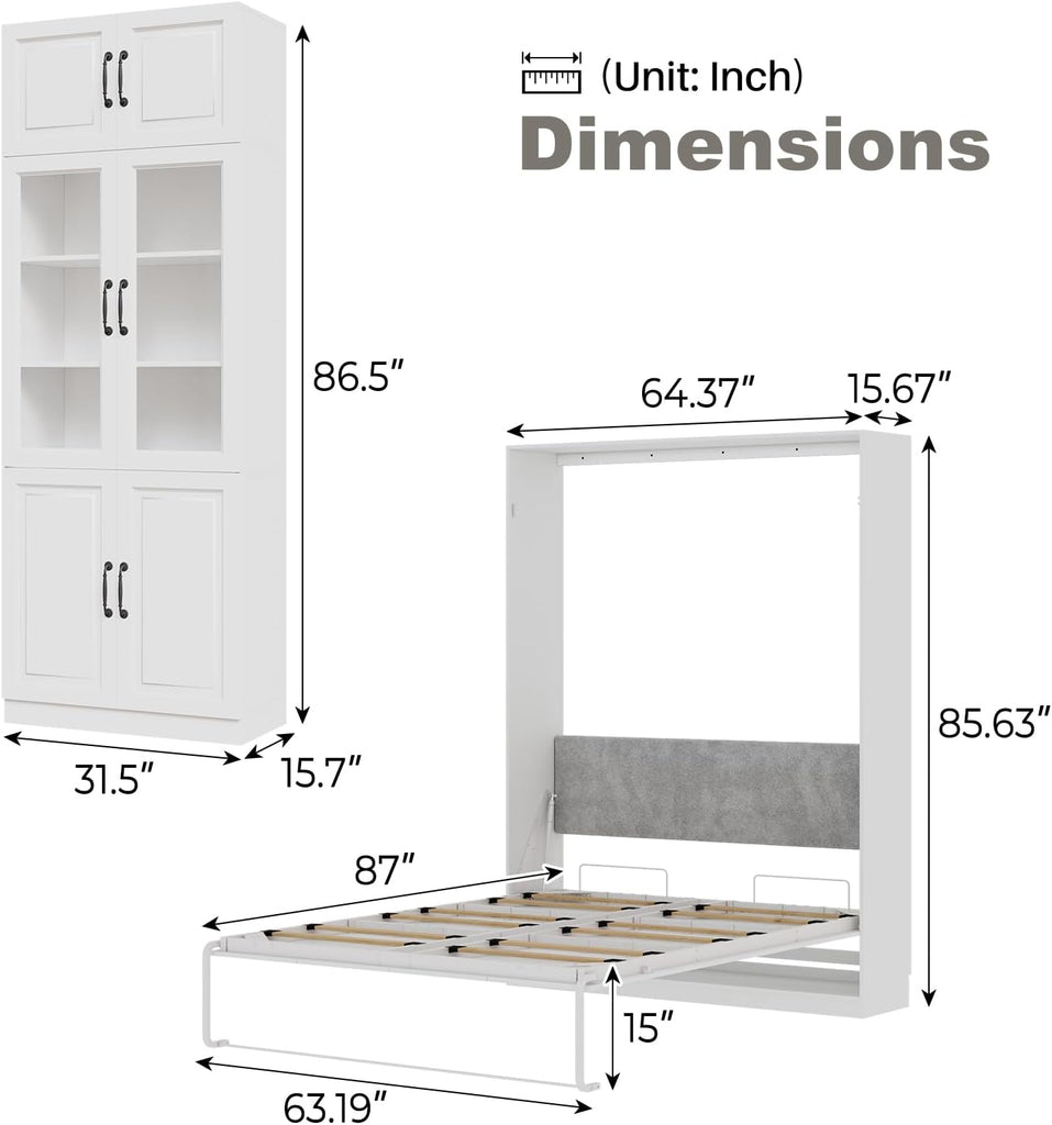 Farmhouse Murphy Bed Queen, 85" Wall Bed Folds to Save Space, Concealed Bed Frame with 2 Glass Storage Cabinets and
