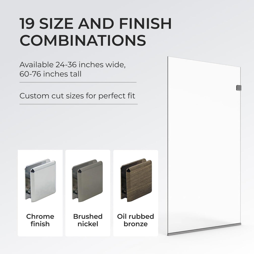 36x76 Frameless Shower Panel - 3/8" Thick Tempered Safety Glass - Fixed Bathroom Partition - Chrome Finish