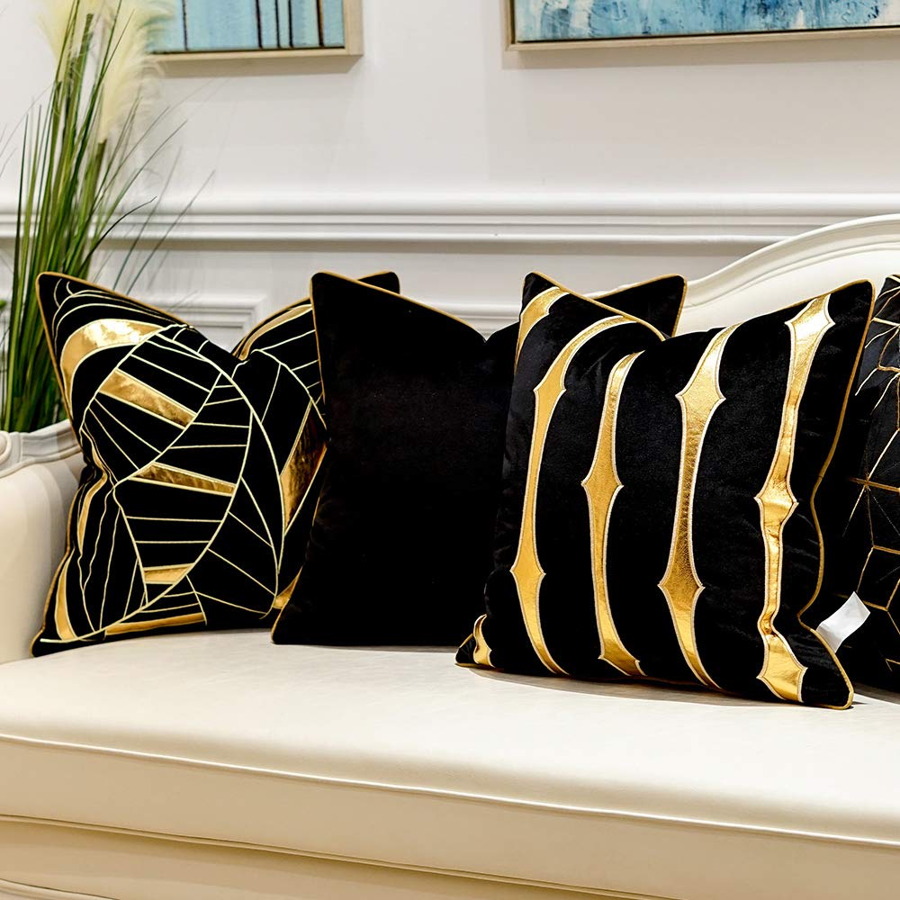Throw Pillow Cover 20 x 20 Inch, Black Gold, Velvet, Hidden Zipper