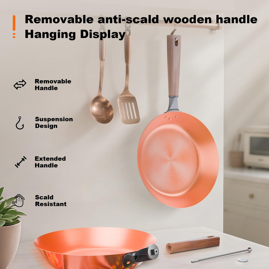 Handmade Pure Copper Frying Pan - Premium Red Copper Cookware for Professional Cooking
