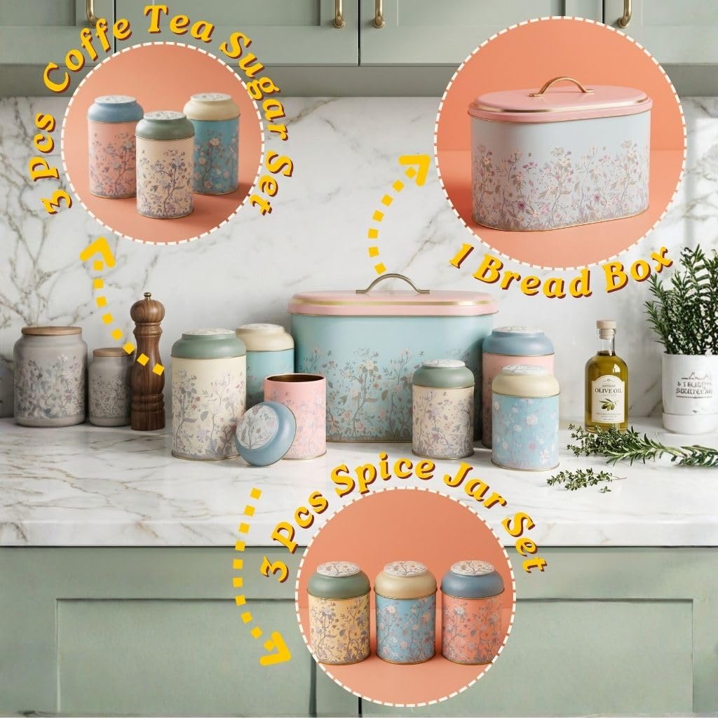 7 Pcs Bread Box Set Countertop and Canisters Sets for the Kitchen Ideal for Bread Basket Sugar Container Coffee
