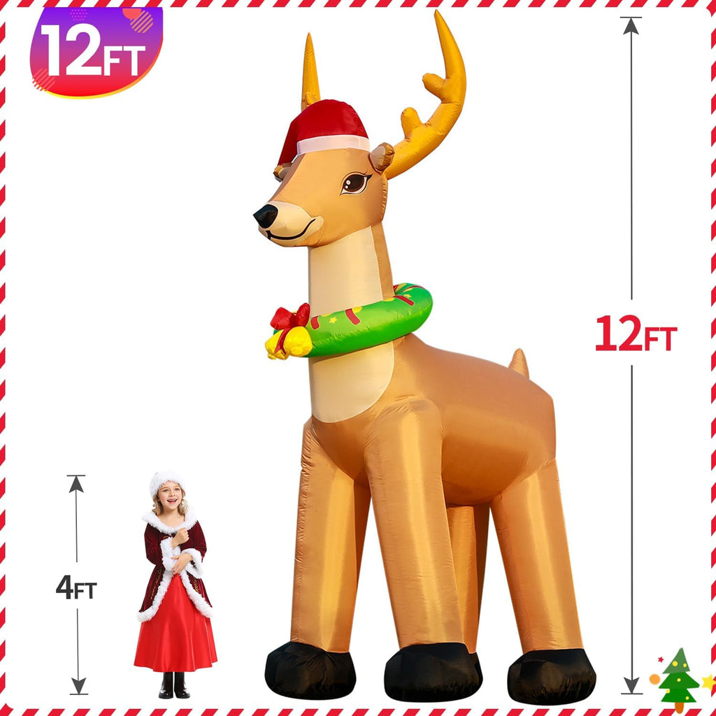 12FT Giant Christmas Inflatable Reindeer Decoration with Chasing LED Lights,Blow Up Yard Decoration for Party Garden