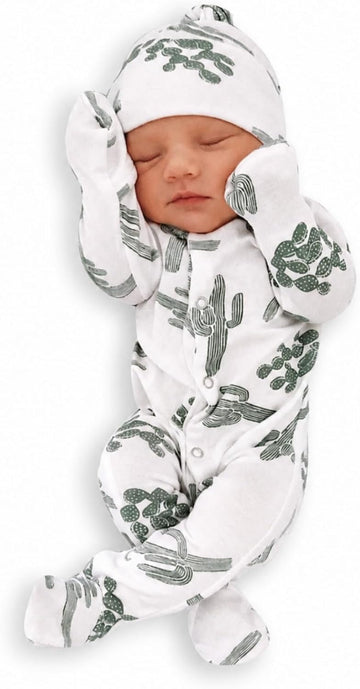 Newborn Baby Bodysuit Piece Set | Cactus Print Romper & Hat Outfit | Cotton Soft Unisex Jumpsuit (0-18 Months)