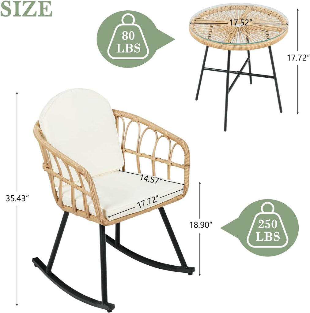 3 Pieces Rocking Chairs Set - Outdoor Wicker Rattan Rocking Chairs with Thickened Cushions, Boho Patio Furniture