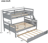 Trundle Bunk Bed, Twin Over Full Wood Bunk Bed with Twin Trundle, Solid Wood Bunk Bed Frame with Guardrail and Ladder