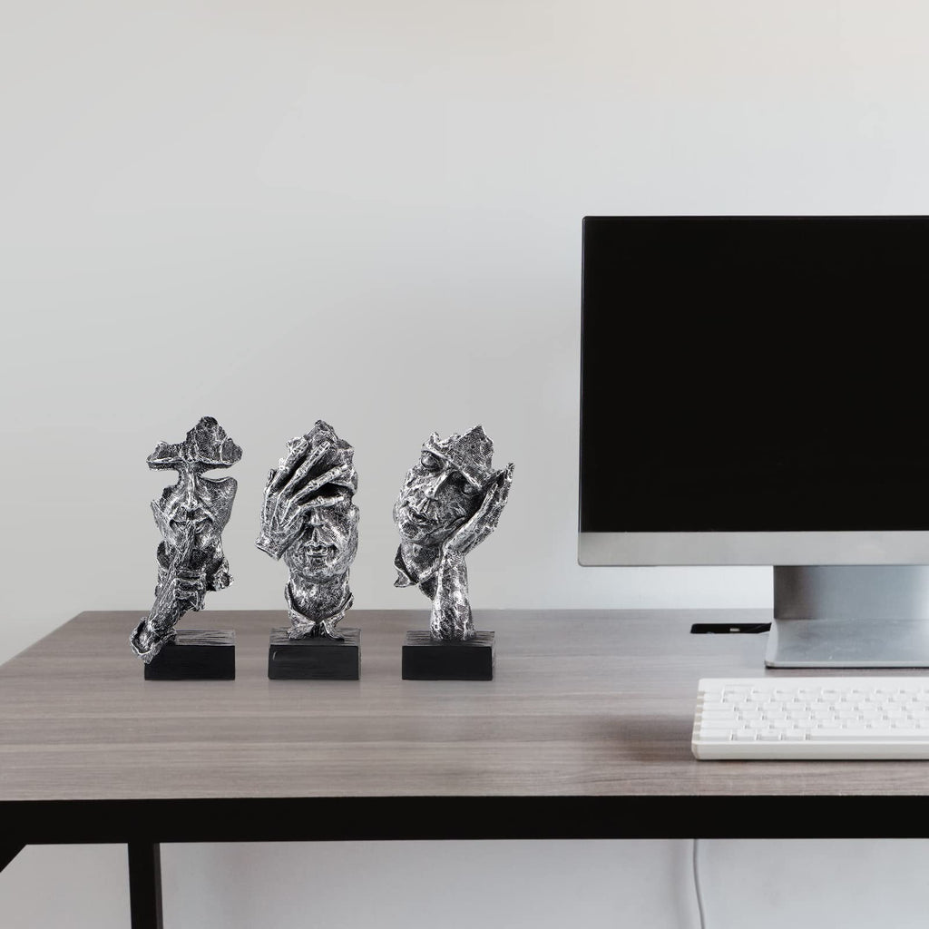 3Pcs Thinker Statue, No Hear No See No Speak Abstract Art Figurine, Sculpture Decor, Desktop, Bookshelf (Silver)