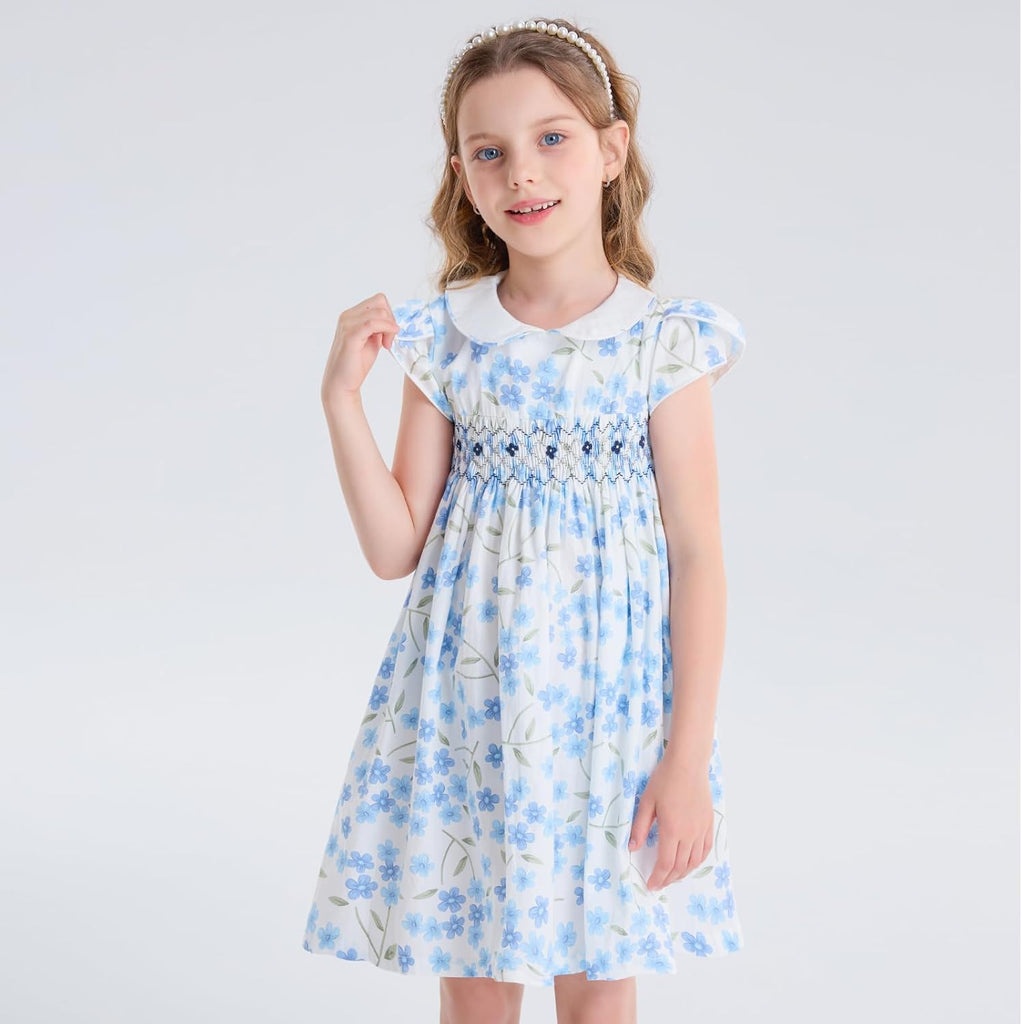 Girls Smocked Blue Dress Toddler Floral Summer Dress Vintage Dresses Kindergarten Graduation Dress