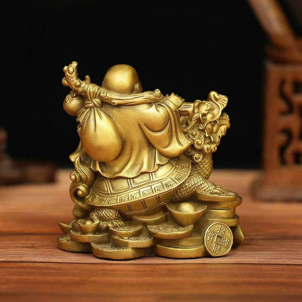 Ruyi Laughing Buddha Dragon Turtle Statue, Feng Shui Decor, 4.5in (H)