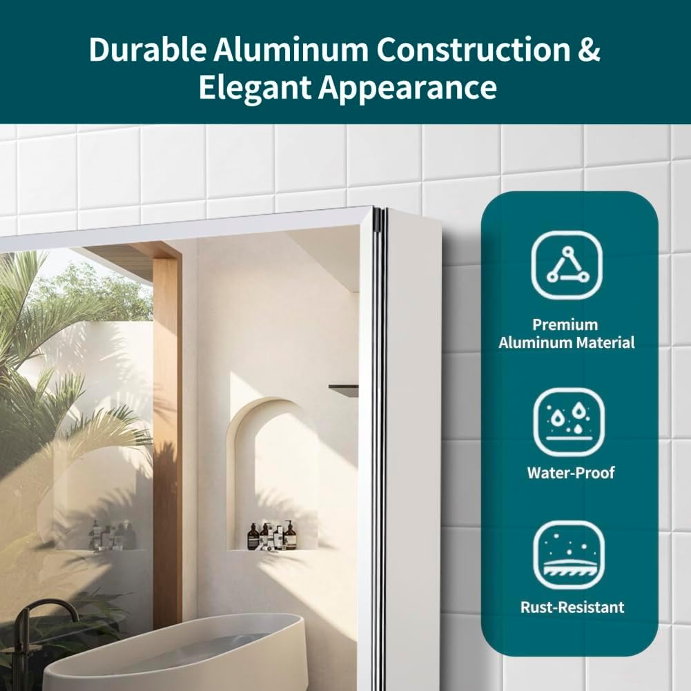 Double Doors Medicine Cabinet with Mirror, 30 inch X 26 inch Aluminum Bathroom Medicine Cabinet, Adjustable Glass