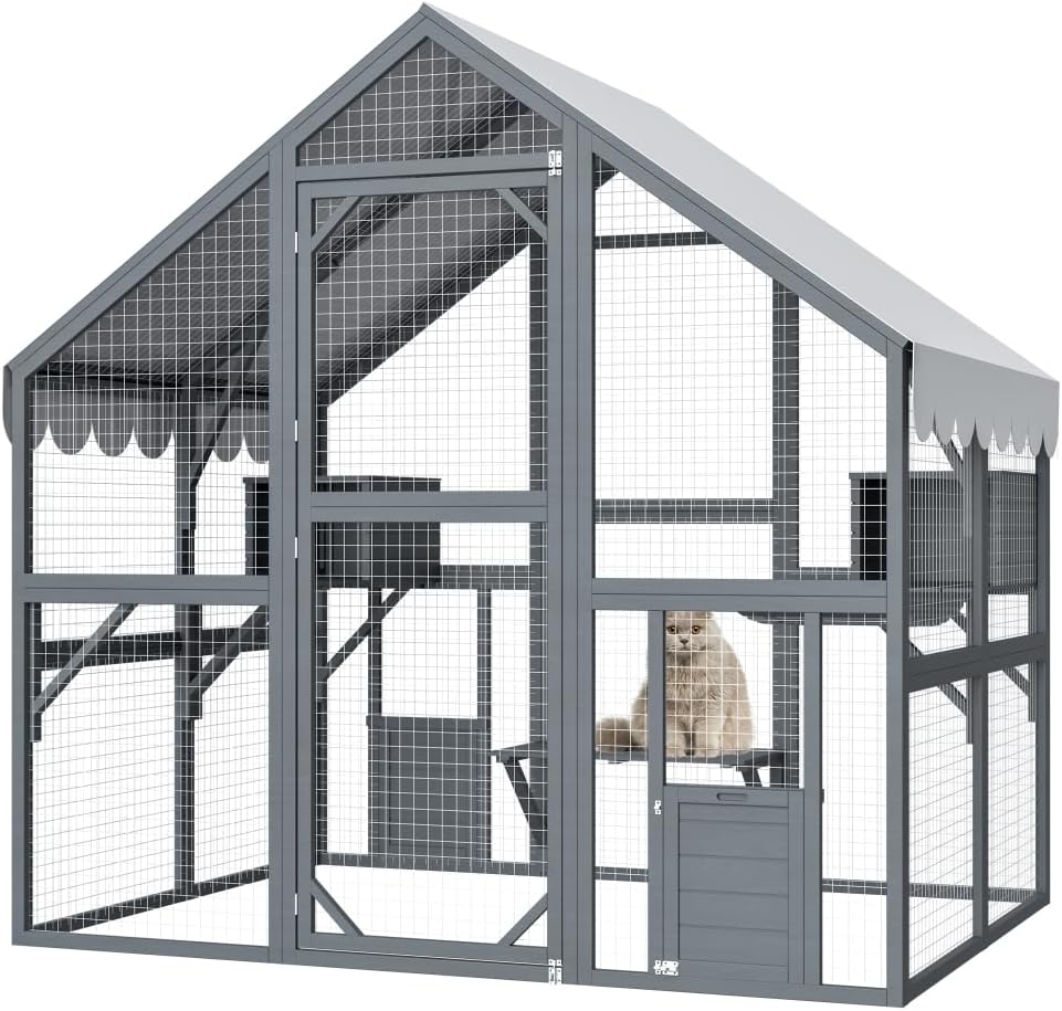 Large Outdoor Cat Enclosure with Wooden Frame, Suspension Bridges, Walking Paths, Cozy Resting Houses
