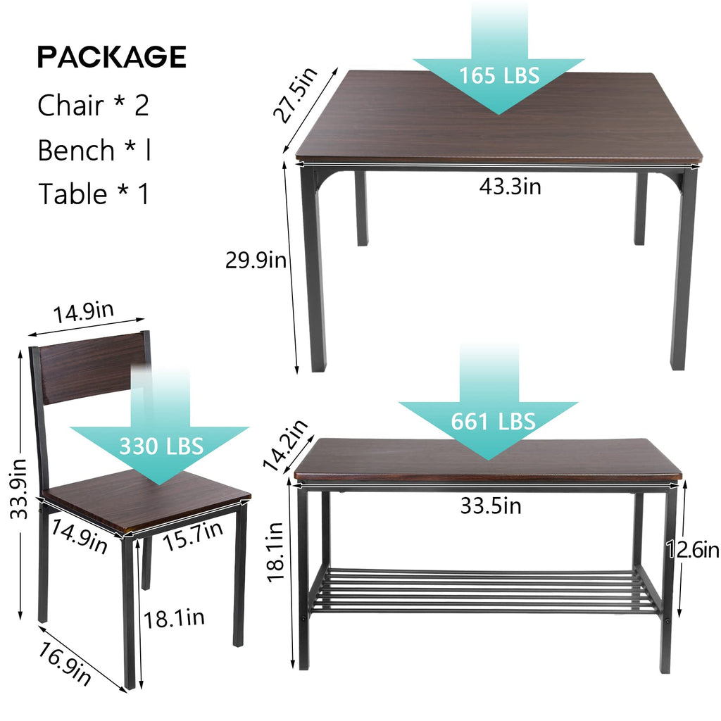 Dining Room Table Set 43 Inch Kitchen Table Set with 2 Chairs and Bench, Dining Room Table Set for 4 Home, Kitchen
