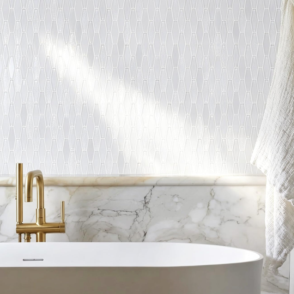 8mm Thick Picket Glass Mosaic Tile Backsplash & Bathroom Feature Wall, Elongated Hexagon Geometric Pattern, Textured