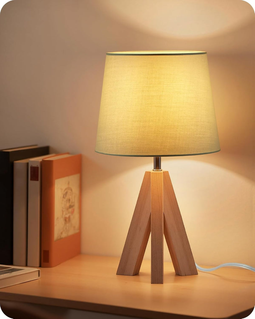 Tripod Table Lamp, Small Bedside Lamp with Wood Base & Green Fabric Shade, Little Cute Desk Lamp, Modern Nightstand