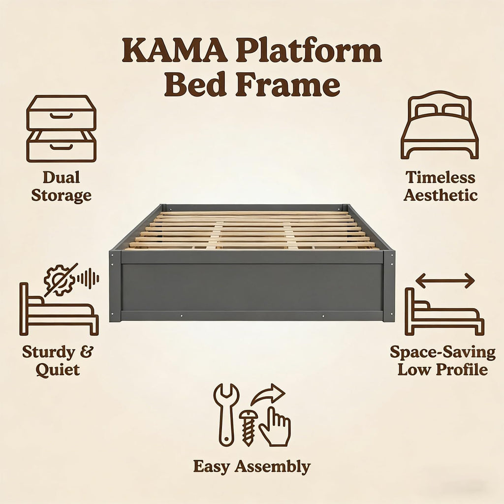 Farmhouse Wood Bed Frame, Japanese Low Platform Wooden Beds Frames with 4 Drawers & Concealed Hydraulic