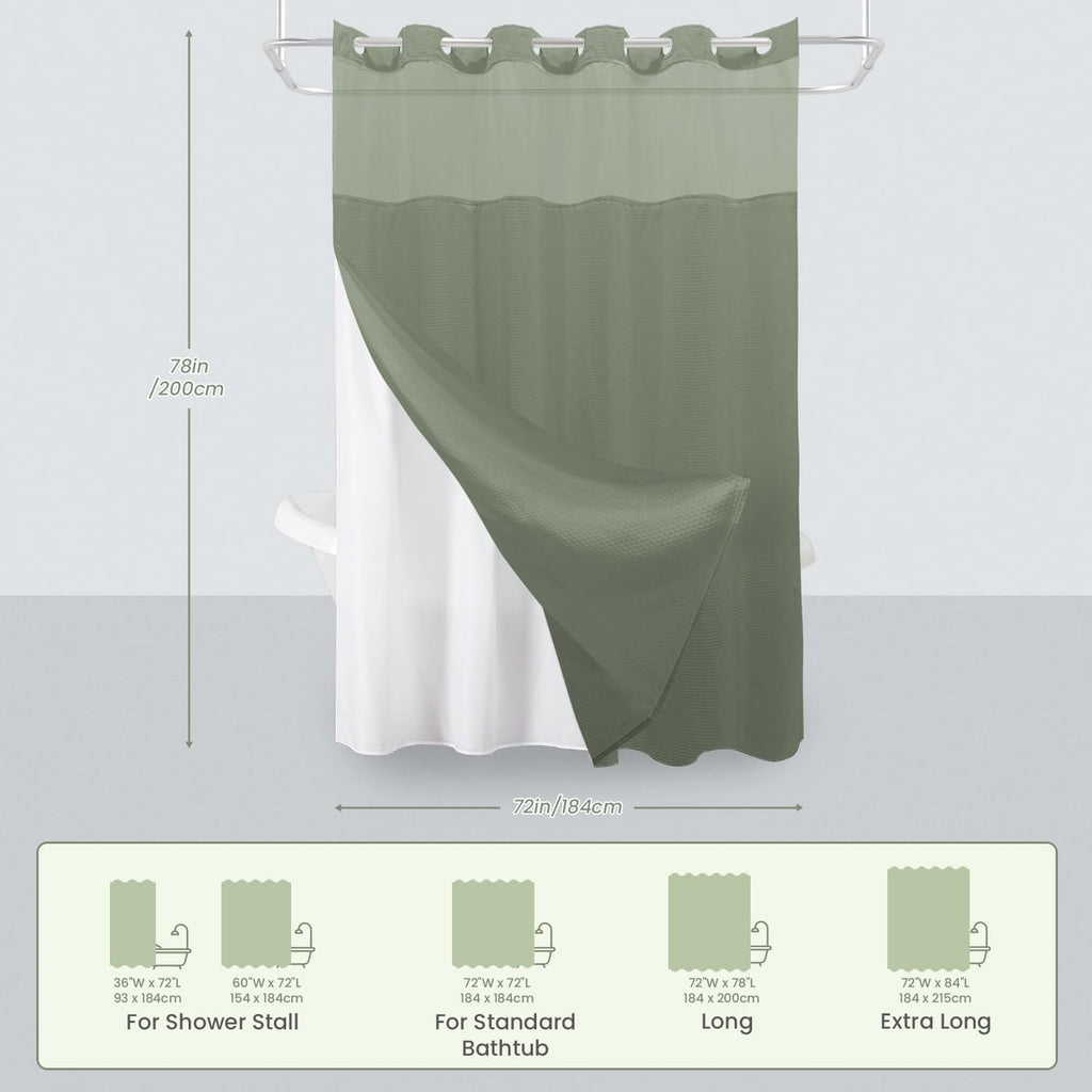 No Hook Shower Curtain with Snap-in Fabric Liner, Waffle Weave 230 GSM Polyester, Weighted Hem, Water Repellent