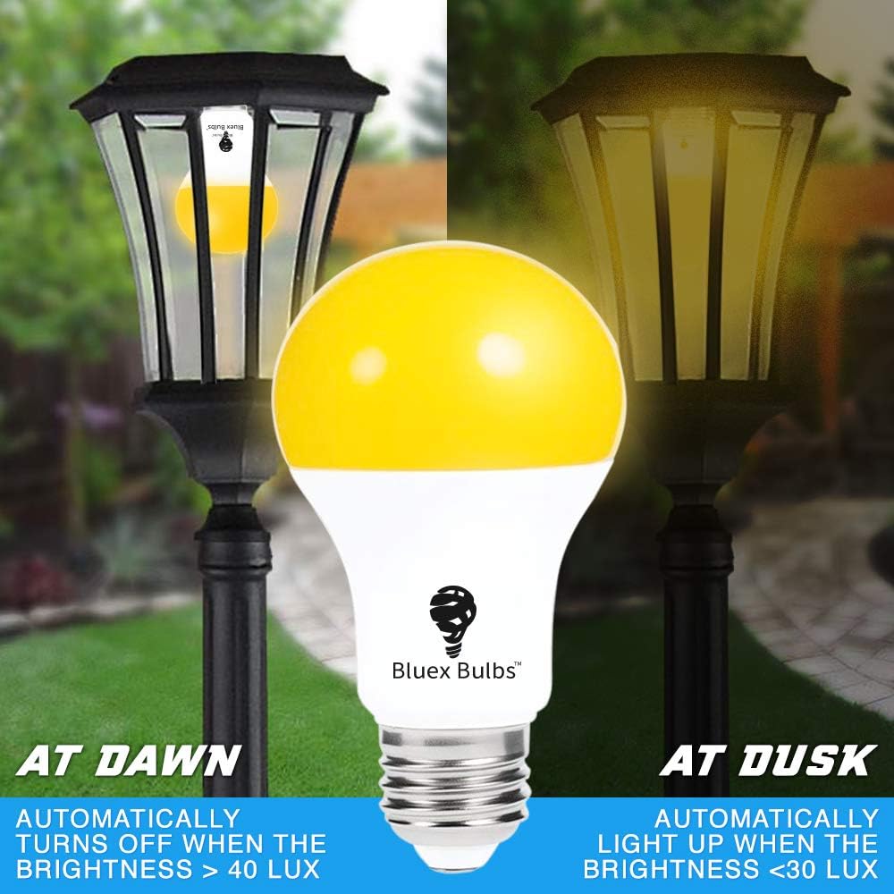 2 Pack LED Dusk to Dawn A19 Bug Light Bulbs, Yellow Amber Light With Automatic Sensor, Porch Lights Security, Auto