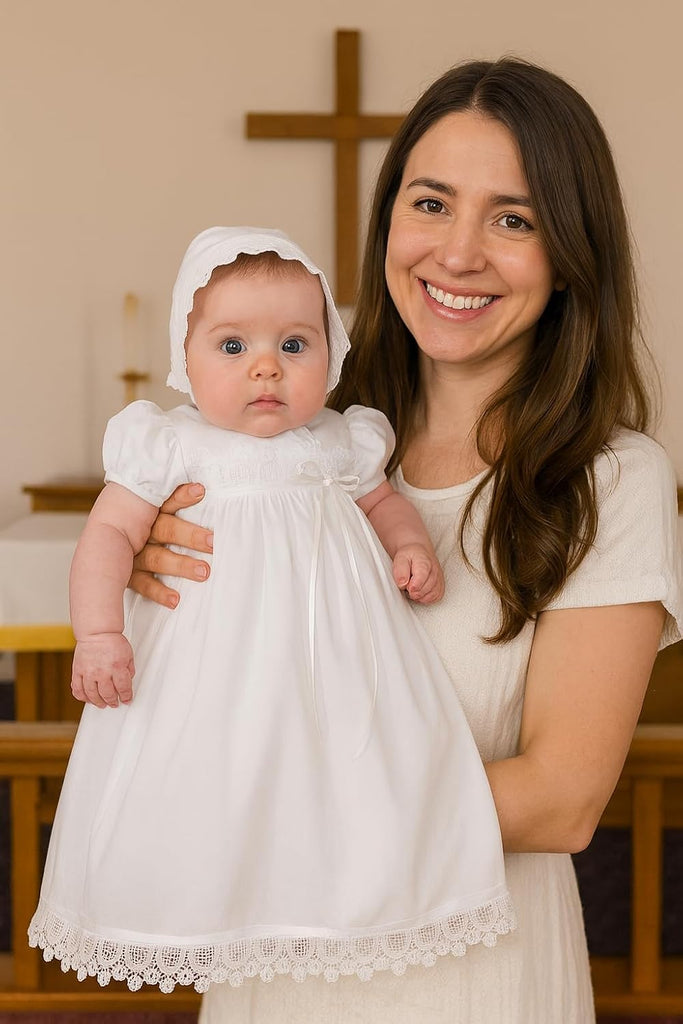 100% Cotton Handmade Girls Christening Special Occasion Dress with Italian Lace