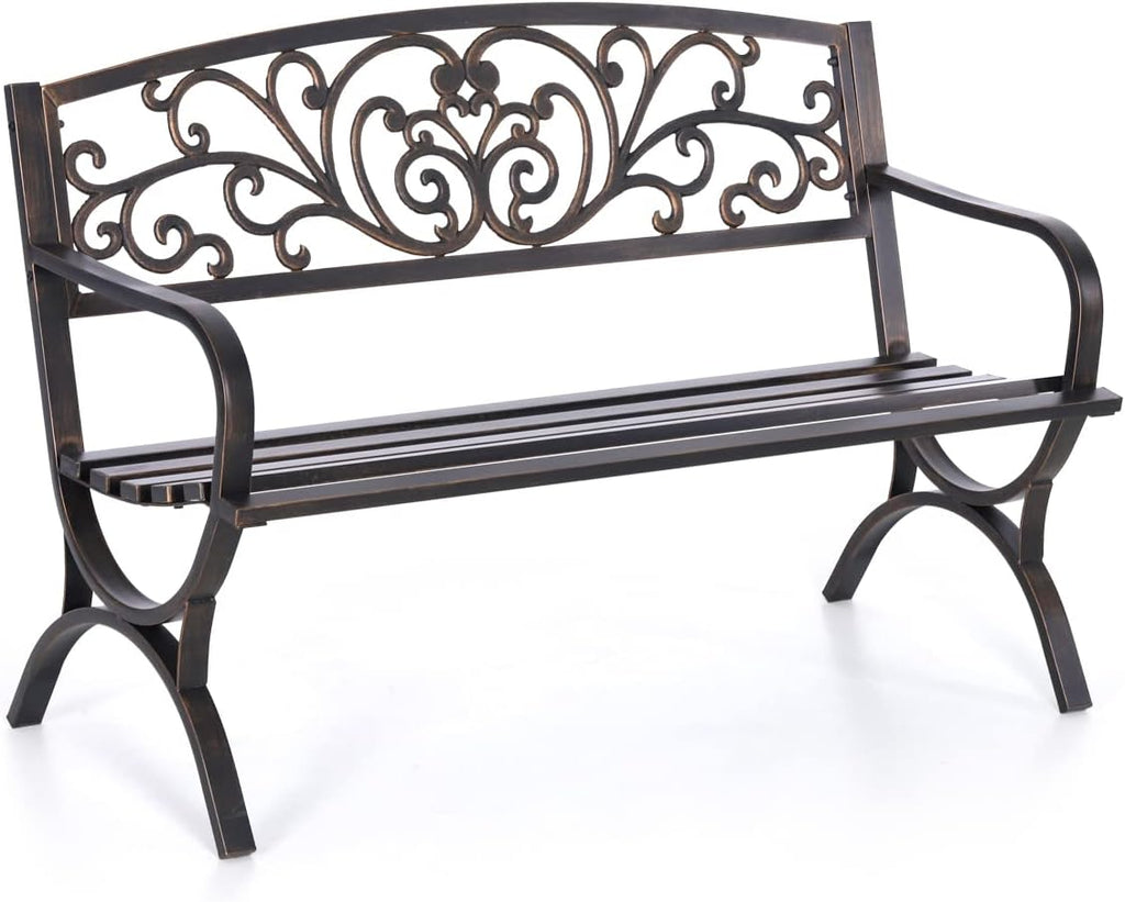 50 Inches Outdoor Garden Bench Cast Iron Metal Frame Floral Bronze | E-Coating Anti-Rust Finish, Weatherproof Outdoor