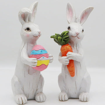 Easter Decorations Easter Bunny Decor Spring Decorations Resin Rabbits Statues with Carrot and Egg Tabletop - Set of 2