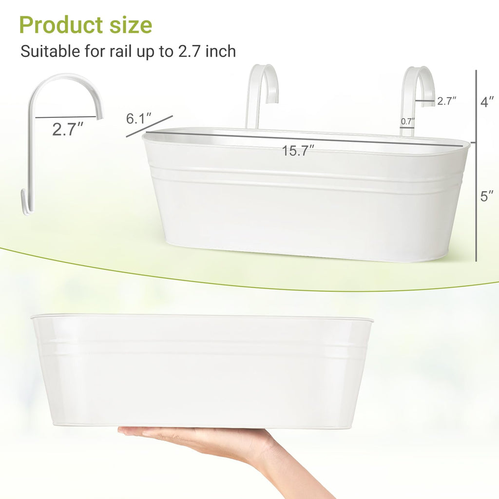 15 Inches Railing Planter Box 5 Pcs Metal Hanging Flower Pots, White